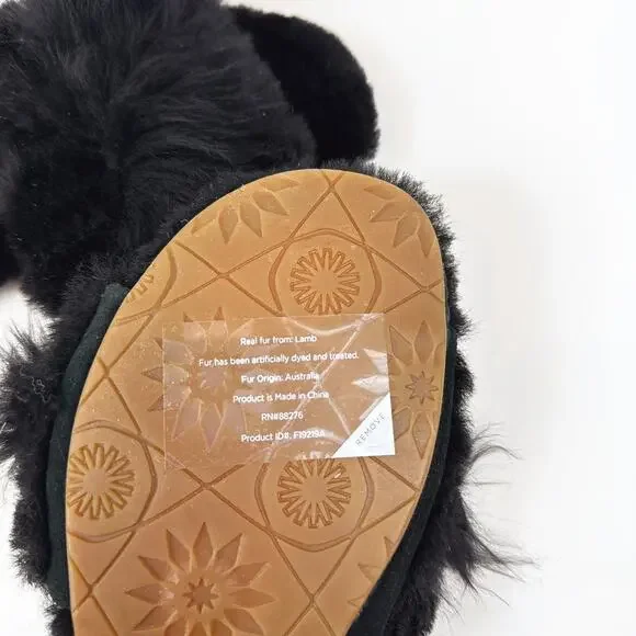 UGG Fluff Fur Black Sandal Women's Size 6 Sheepskin Suede Comfort Unique Cozy - Picture 7 of 7